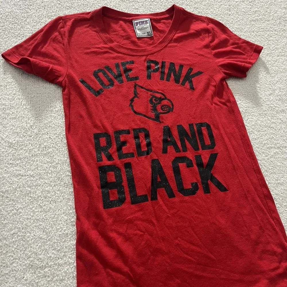 Louisville Cardinals Victoria's Secret Pink Glitter T Shirt XS U Of L‎ Red Black